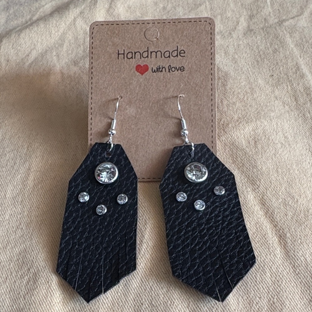 Black Handmade Leather Earrings with Rhinestones